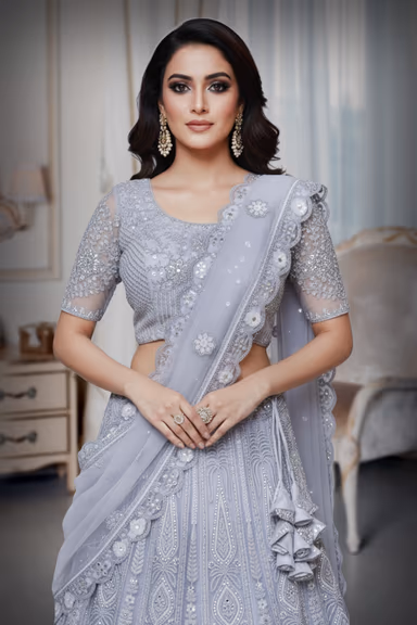 Sequeneced netted Greyish blue lehenga — view 1 of 4