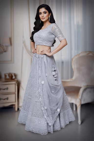 Sequeneced netted Greyish blue lehenga — view 4 of 4