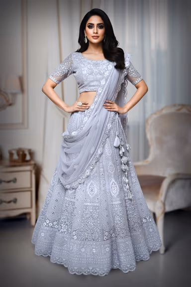 Sequeneced netted Greyish blue lehenga — view 2 of 4
