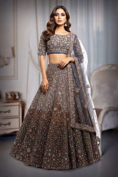 This Shimmering Blue Grey Lehenga Set Showcases Heavy Geometric Sequin Work Throughout The Skirt Paired With… — view 2 of 2