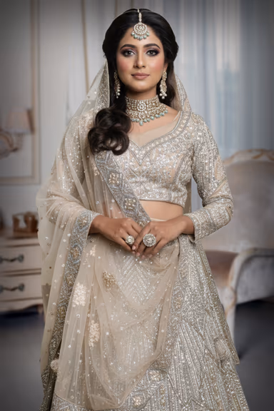 This Shimmering Golden Beige Lehenga Set Showcases Heavy Geometric Sequin Work Throughout The Skirt Paired… — view 1 of 2