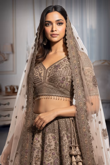 This Shimmering Latte Beige Lehenga Set Showcases Heavy Geometric Sequin Work Throughout The Skirt Paired… — view 1 of 2