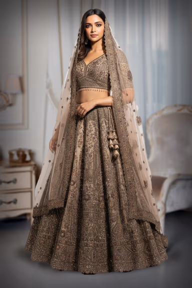 This Shimmering Latte Beige Lehenga Set Showcases Heavy Geometric Sequin Work Throughout The Skirt Paired… — view 2 of 2
