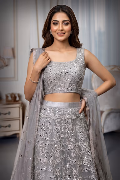 Silver Grey Heavy Stone  Worked Bridal Lehenga — view 1 of 2