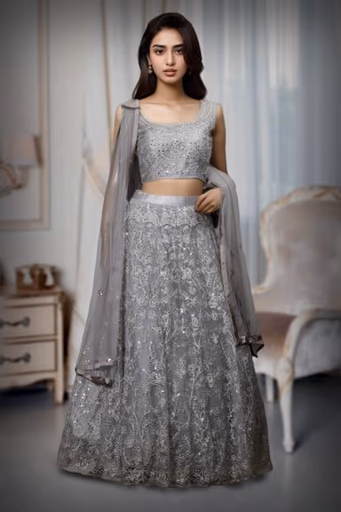 Silver Grey Heavy Stone  Worked Bridal Lehenga — view 2 of 2