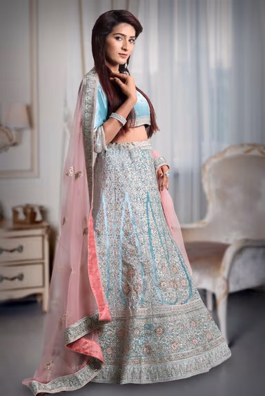 Sky blue golden thread work jarkan stone velvet lehenga — view 4 of 5