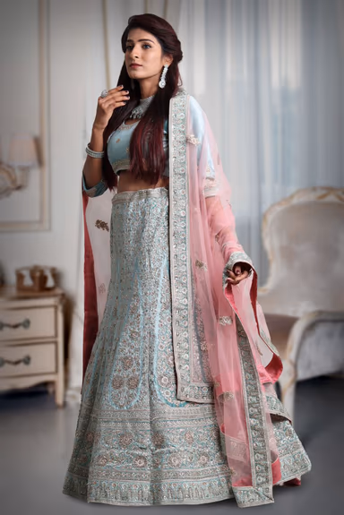 Sky blue golden thread work jarkan stone velvet lehenga — view 3 of 5