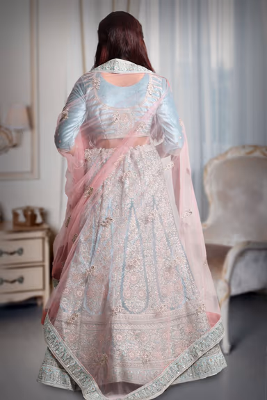 Sky blue golden thread work jarkan stone velvet lehenga — view 5 of 5