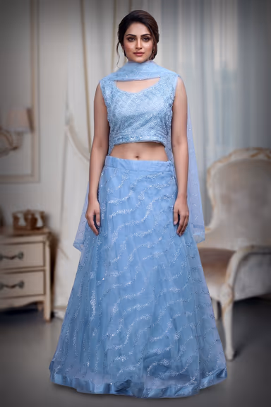 Sky Blue Minimal Net Lehenga With Threadwork Details And Same Colour Dupatta — view 2 of 4