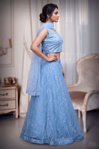 Sky Blue Minimal Net Lehenga With Threadwork Details And Same Colour Dupatta — view 3 of 4