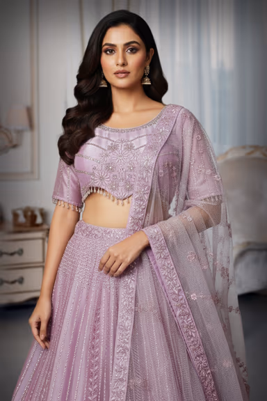 Soft Lilac Net Anarkali with Floral Embroidery and Sequin Detailing — view 1 of 4