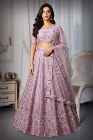 Soft Lilac Net Anarkali with Floral Embroidery and Sequin Detailing — view 2 of 4