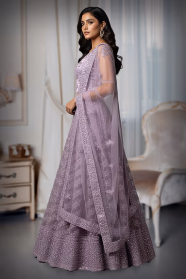Soft Lilac Net Anarkali with Floral Embroidery and Sequin Detailing — view 3 of 4