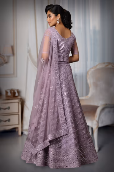 Soft Lilac Net Anarkali with Floral Embroidery and Sequin Detailing — view 4 of 4