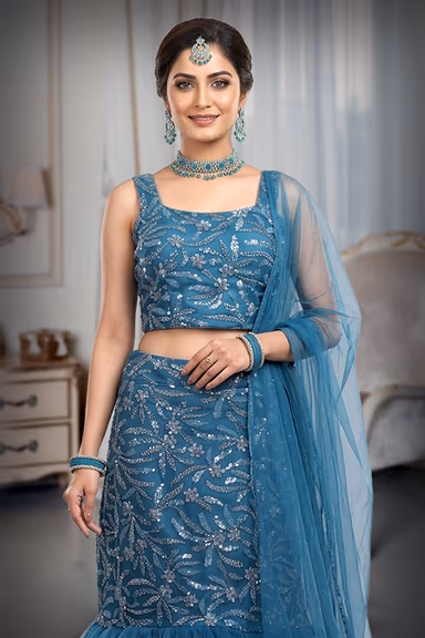Spruce Blue Intricate Sequin Detailed Mermaid Cut Lehenga With Same Color Crop Top And Dupatta — view 1 of 3