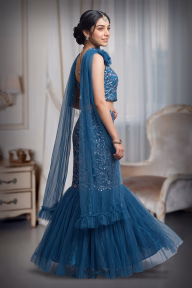 Spruce Blue Intricate Sequin Detailed Mermaid Cut Lehenga With Same Color Crop Top And Dupatta — view 3 of 3