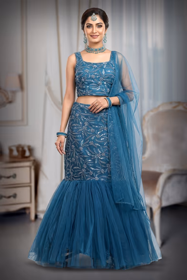 Spruce Blue Intricate Sequin Detailed Mermaid Cut Lehenga With Same Color Crop Top And Dupatta — view 2 of 3