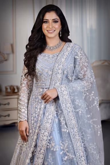 Heavy Stone Worked Jacket Anarkali Lehenga In Light Blue Colour With Long Tail , Skirt And Same Colour Dupatta — view 1 of 2