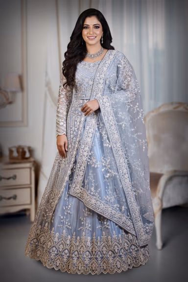 Heavy Stone Worked Jacket Anarkali Lehenga In Light Blue Colour With Long Tail , Skirt And Same Colour Dupatta — view 2 of 2