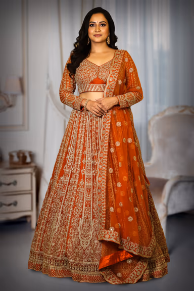 Tangerine Orange Handworked Bridal Lehenga With Intricate Embroidered Crop Top And Threadworked Dupatta — view 3 of 3