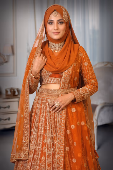 Tangerine Orange Handworked Bridal Lehenga With Intricate Embroidered Crop Top And Threadworked Dupatta — view 1 of 3