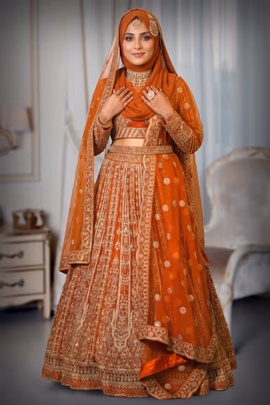 Tangerine Orange Handworked Bridal Lehenga With Intricate Embroidered Crop Top And Threadworked Dupatta — view 2 of 3