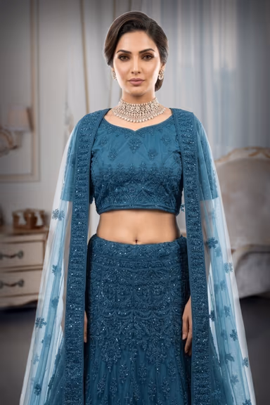 Teal Green Fully Thread worked Netted  Lehenga  with Dhuppatta — view 1 of 2