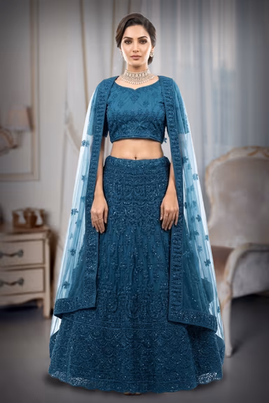 Teal Green Fully Thread worked Netted  Lehenga  with Dhuppatta — view 2 of 2