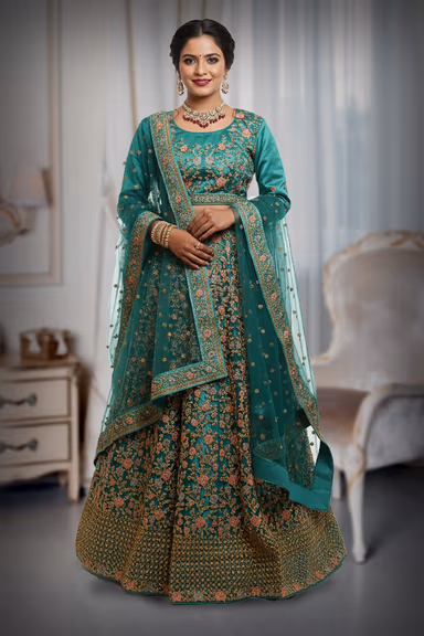 Teal blue heavy work lehenga with zari and  beadwork — view 2 of 2