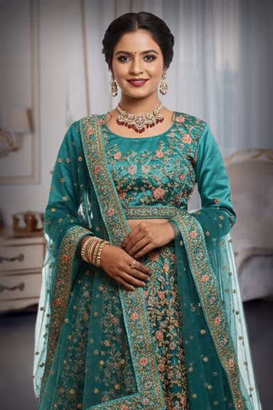 Teal blue heavy work lehenga with zari and  beadwork — view 1 of 2