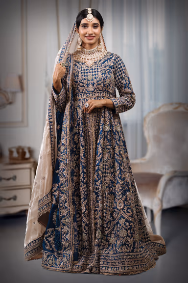 Teal Blue Heavy Zardosi Handworked Anarkali Lehenga With Two Shawls — view 3 of 5