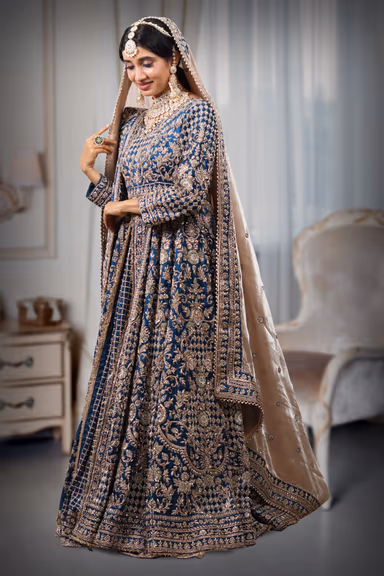 Teal Blue Heavy Zardosi Handworked Anarkali Lehenga With Two Shawls — view 5 of 5