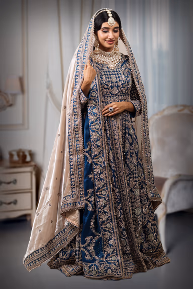 Teal Blue Heavy Zardosi Handworked Anarkali Lehenga With Two Shawls — view 4 of 5