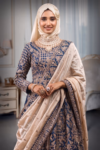 Teal Blue Heavy Zardosi Handworked Anarkali Lehenga With Two Shawls — view 1 of 5