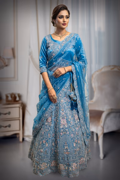 Heavy thread worked Netted Lehenga , blue colour along with the netted Dhuppatta — view 2 of 2