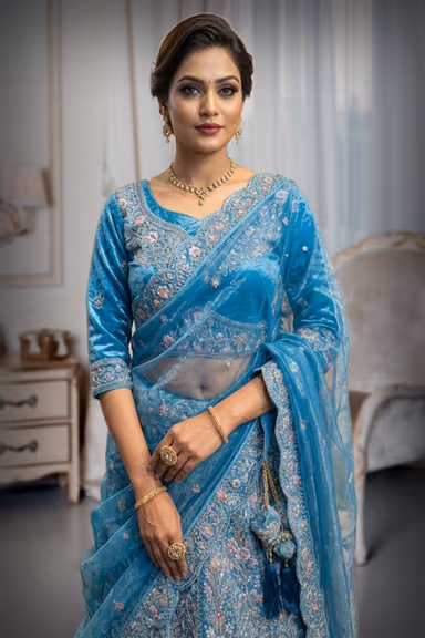 Heavy thread worked Netted Lehenga , blue colour along with the netted Dhuppatta — view 1 of 2