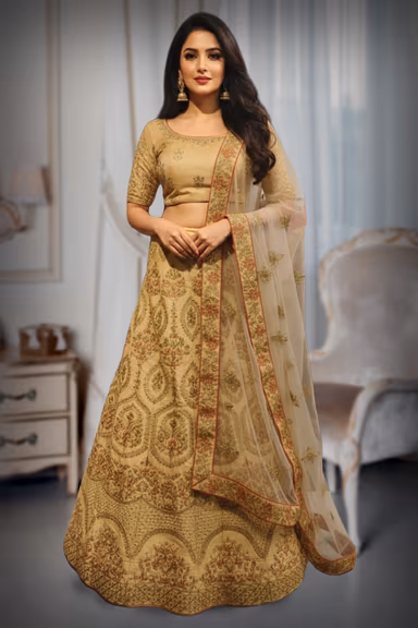 Thread Worked Sandal Colour Lehenga along with a thread worked skirt and dhuppate — view 2 of 2