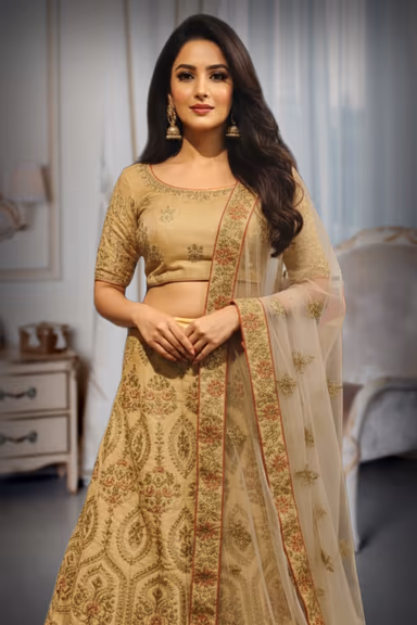 Thread Worked Sandal Colour Lehenga along with a thread worked skirt and dhuppate — view 1 of 2
