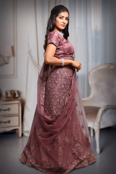 Heavy Threadwork Dark  Mauve Lehenga With Shimmery Work Minimal Blouse And Same Color Dupatta — view 4 of 5