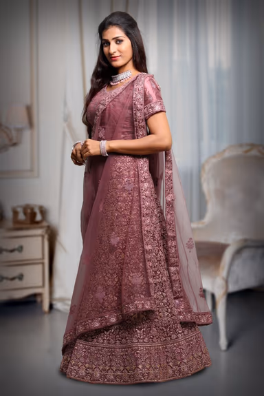Heavy Threadwork Dark  Mauve Lehenga With Shimmery Work Minimal Blouse And Same Color Dupatta — view 3 of 5