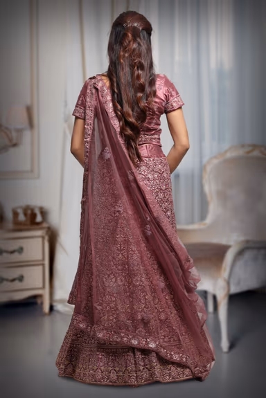 Heavy Threadwork Dark  Mauve Lehenga With Shimmery Work Minimal Blouse And Same Color Dupatta — view 5 of 5