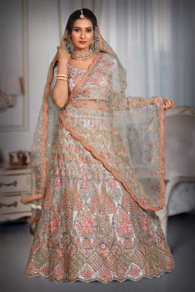 Turquoise blue sequins embroidery work net lehenga — view 2 of 5