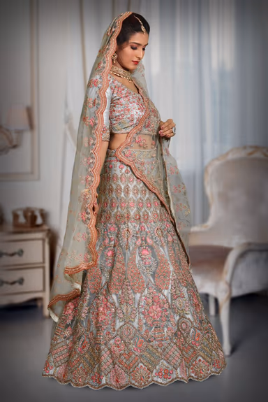 Turquoise blue sequins embroidery work net lehenga — view 4 of 5
