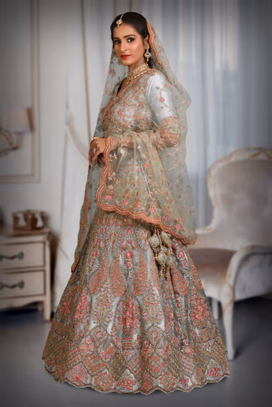 Turquoise blue sequins embroidery work net lehenga — view 3 of 5