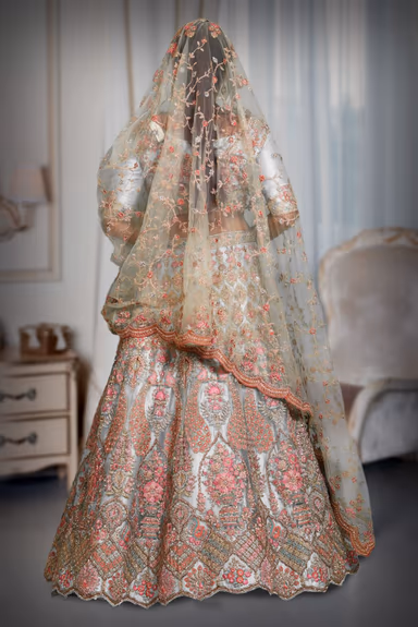 Turquoise blue sequins embroidery work net lehenga — view 5 of 5