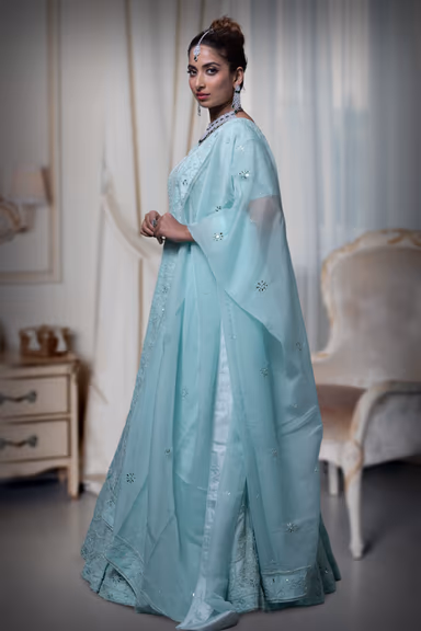 Turquoise Organza Mirror Work Lehenga — view 6 of 6