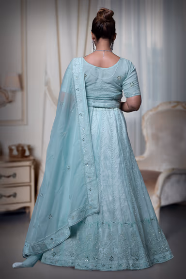Turquoise Organza Mirror Work Lehenga — view 5 of 6