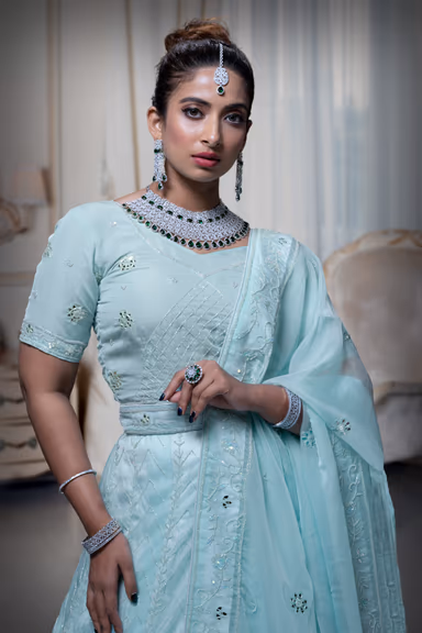 Turquoise Organza Mirror Work Lehenga — view 1 of 6