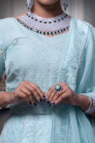 Turquoise Organza Mirror Work Lehenga — view 4 of 6