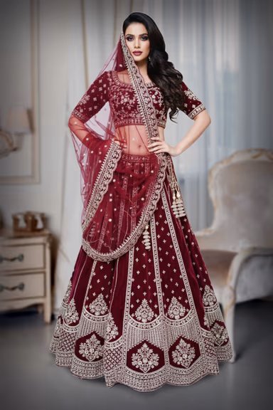 Velvet jam red bridal lehenga — view 2 of 4